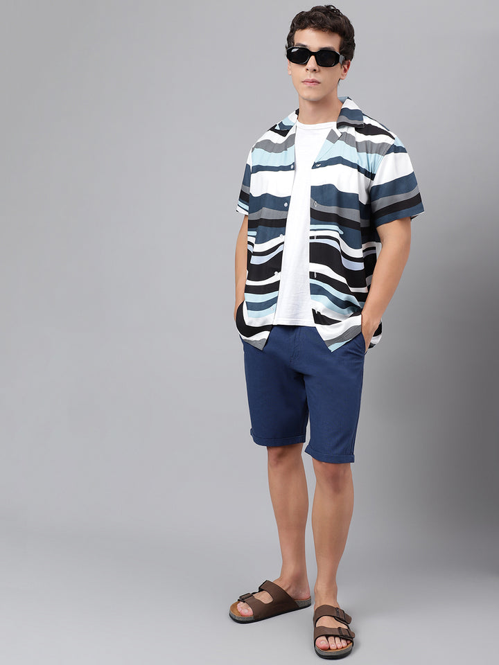 Men White & Sky Blue Abstract Printed Viscose Rayon Regular Fit Resort Shirt