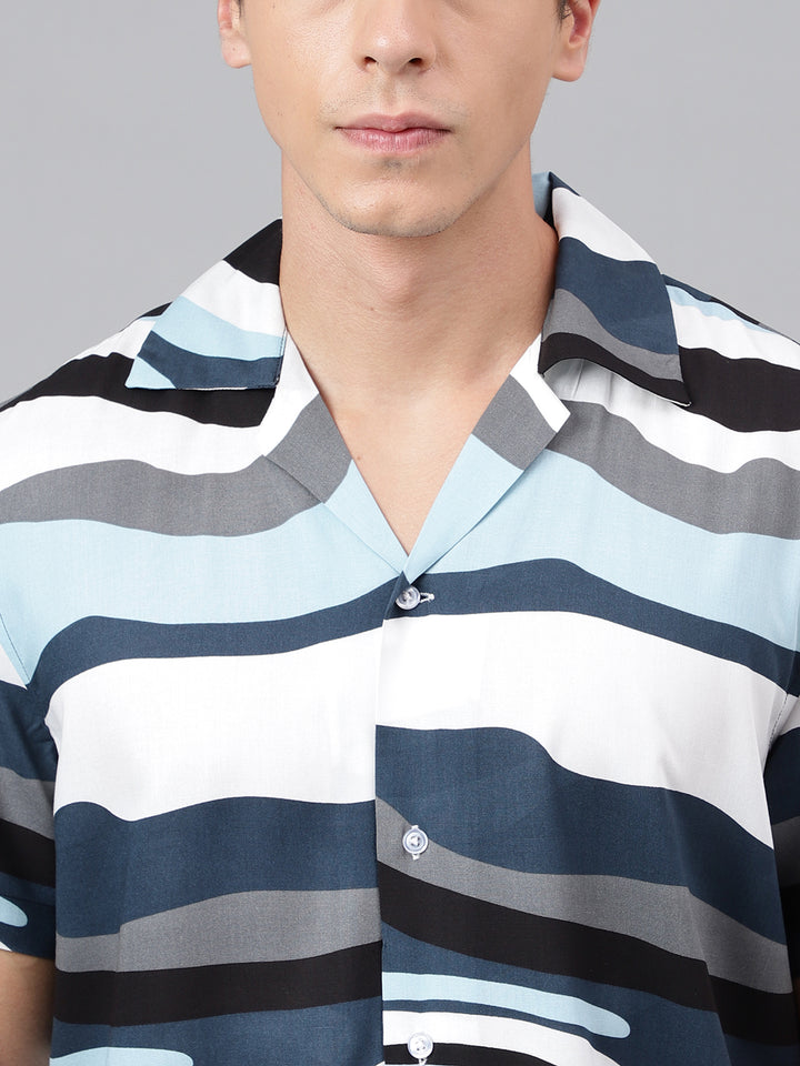 Men White & Sky Blue Abstract Printed Viscose Rayon Regular Fit Resort Shirt