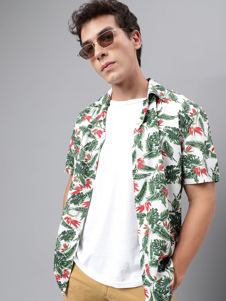 Men White & Green Floral Printed Viscose Rayon Regular Fit Resort Shirt