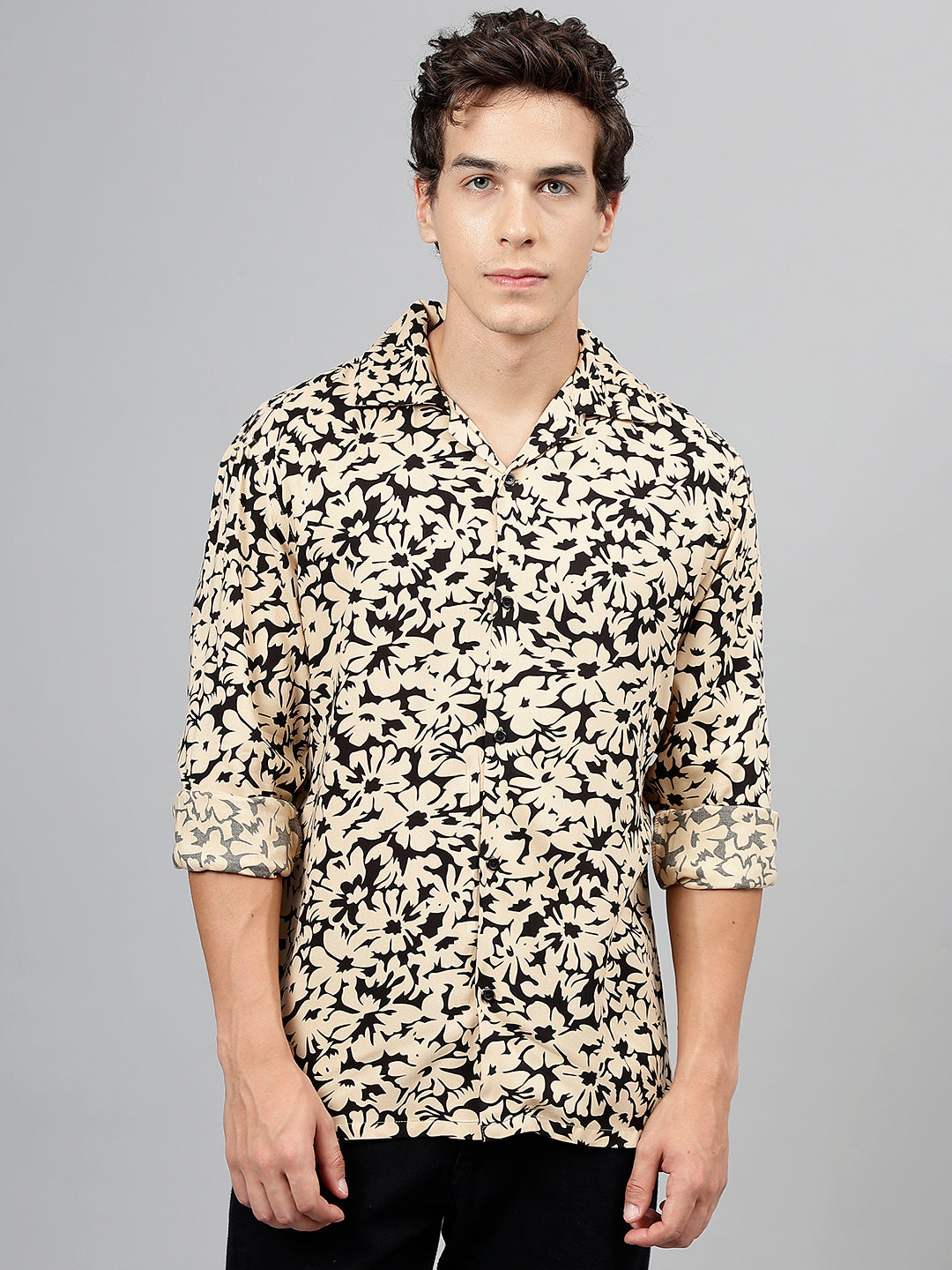 Men Beige & Black Floral Printed Viscose Rayon Relaxed Fit Casual Resort Shirt