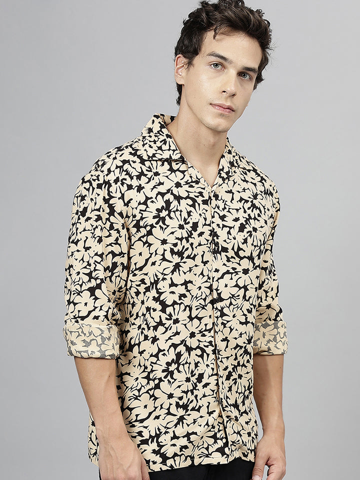 Men Beige & Black Floral Printed Viscose Rayon Relaxed Fit Casual Resort Shirt