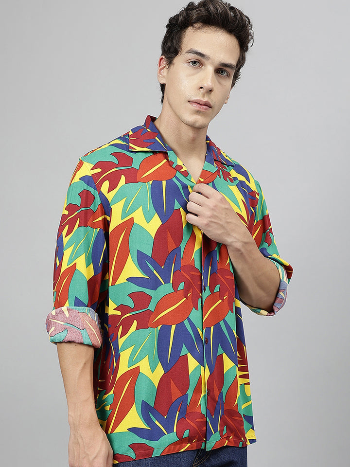 Men Blue & Green Floral Printed Viscose Rayon Relaxed Fit Casual Resort Shirt