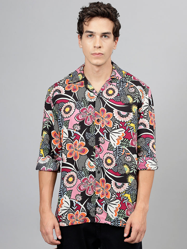 Men Black & Magenta Floral Printed Viscose Rayon Relaxed Fit Casual Resort Shirt