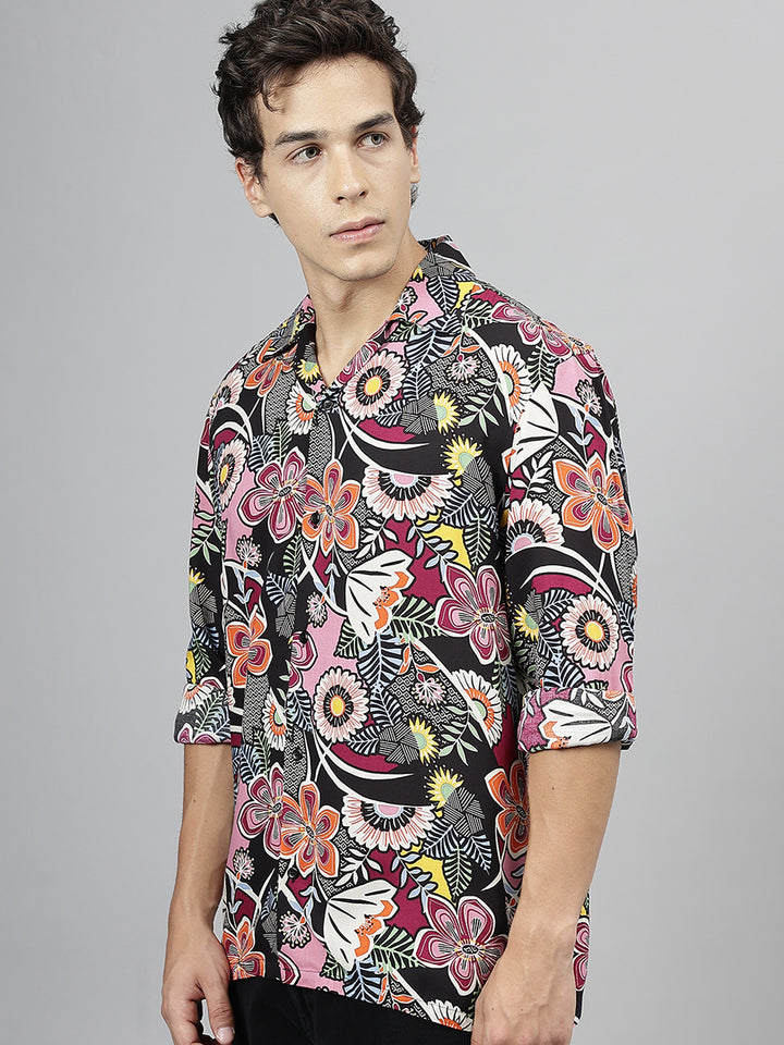 Men Black & Magenta Floral Printed Viscose Rayon Relaxed Fit Casual Resort Shirt