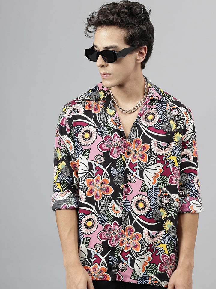 Men Black & Magenta Floral Printed Viscose Rayon Relaxed Fit Casual Resort Shirt