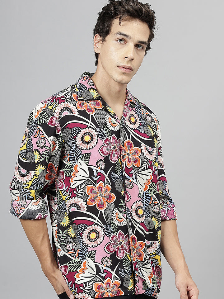 Men Black & Magenta Floral Printed Viscose Rayon Relaxed Fit Casual Resort Shirt