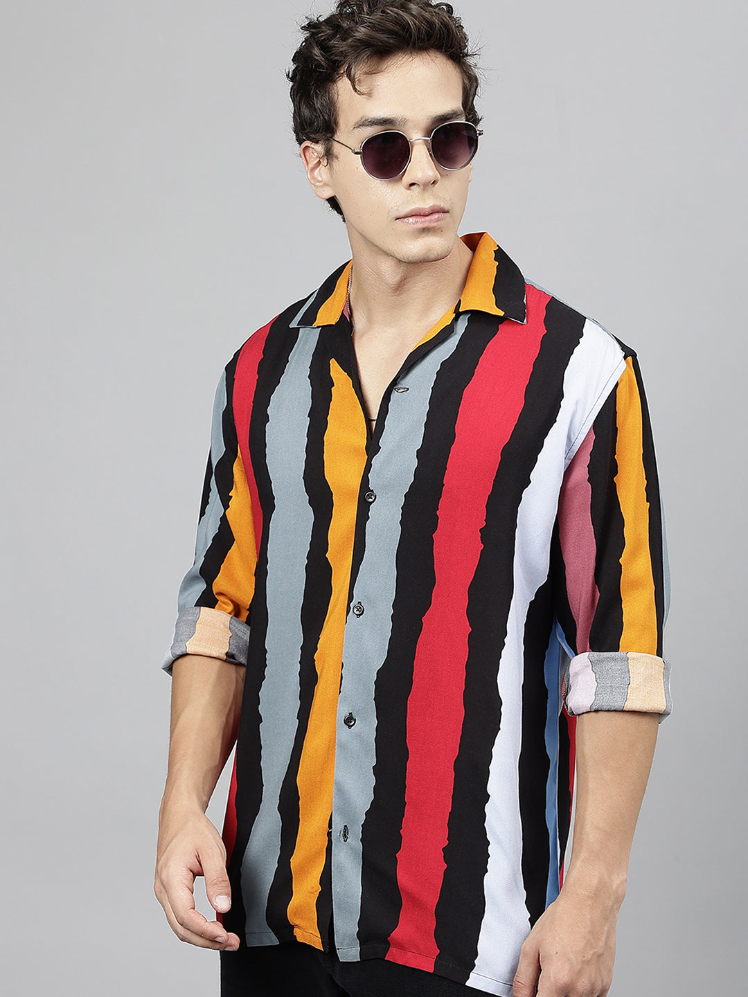 Men Black & Mustard Abstract Printed Viscose Rayon Relaxed Fit Casual Resort Shirt