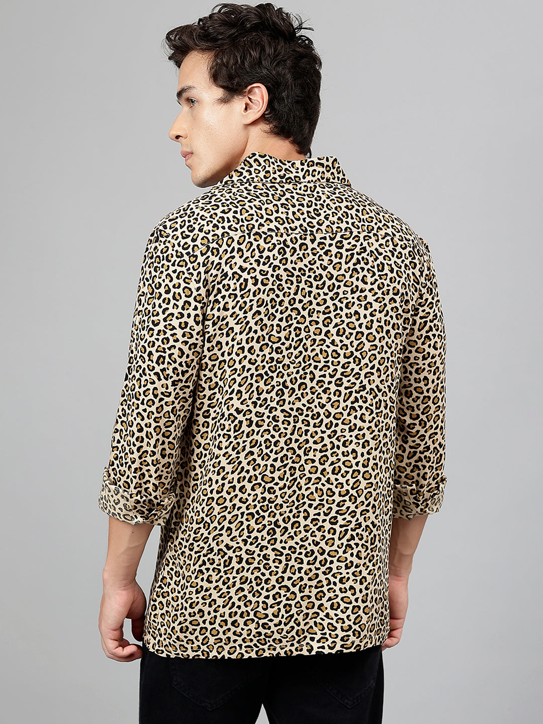 Men Beige & Black Leopard Printed Viscose Rayon Relaxed Fit Casual Resort Shirt