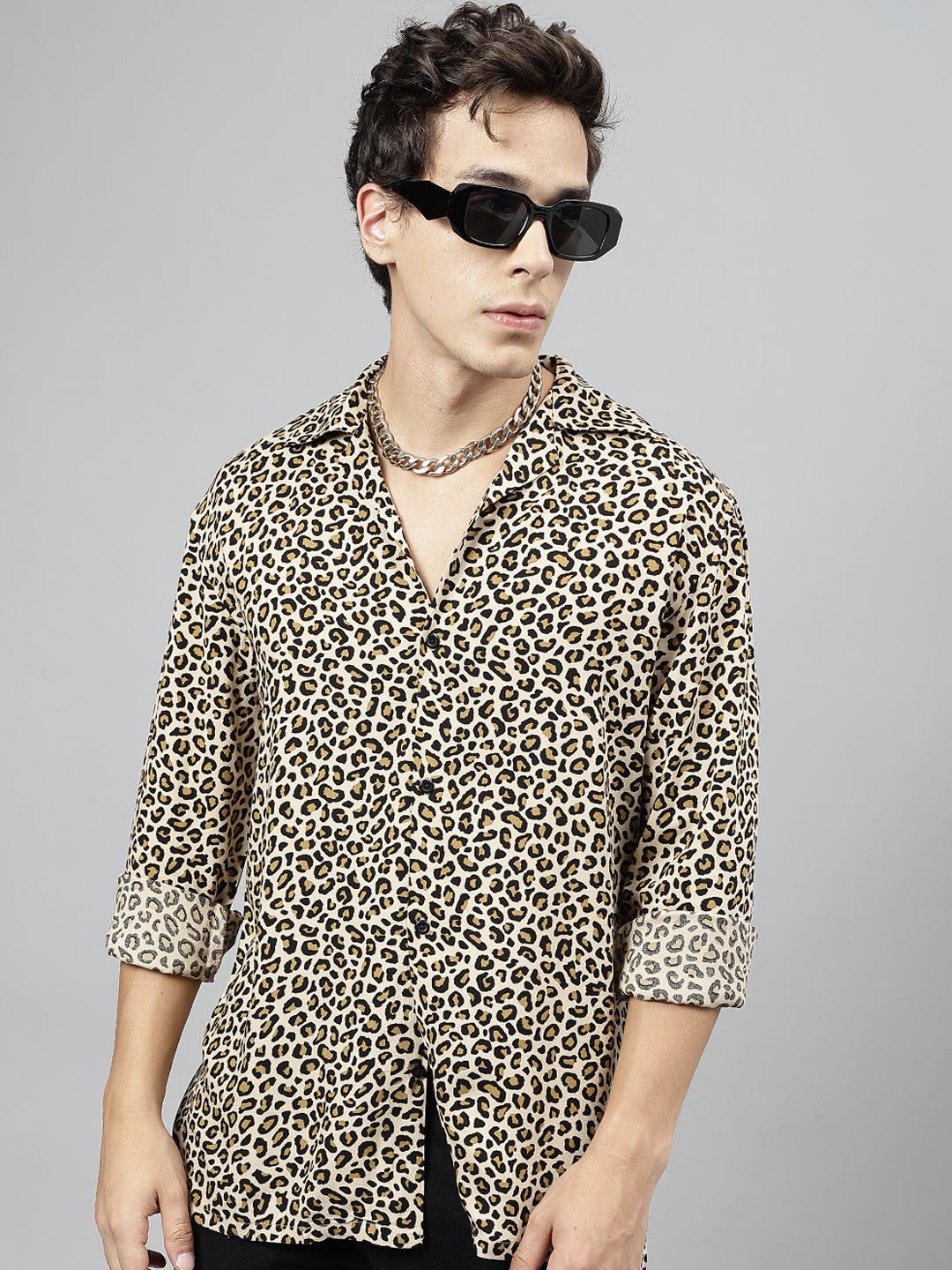 Men Beige & Black Leopard Printed Viscose Rayon Relaxed Fit Casual Resort Shirt