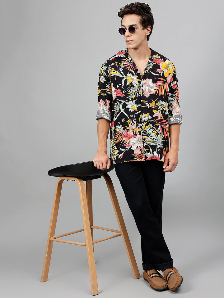 Men Black & Yellow Floral Printed Viscose Rayon Relaxed Fit Casual Resort Shirt
