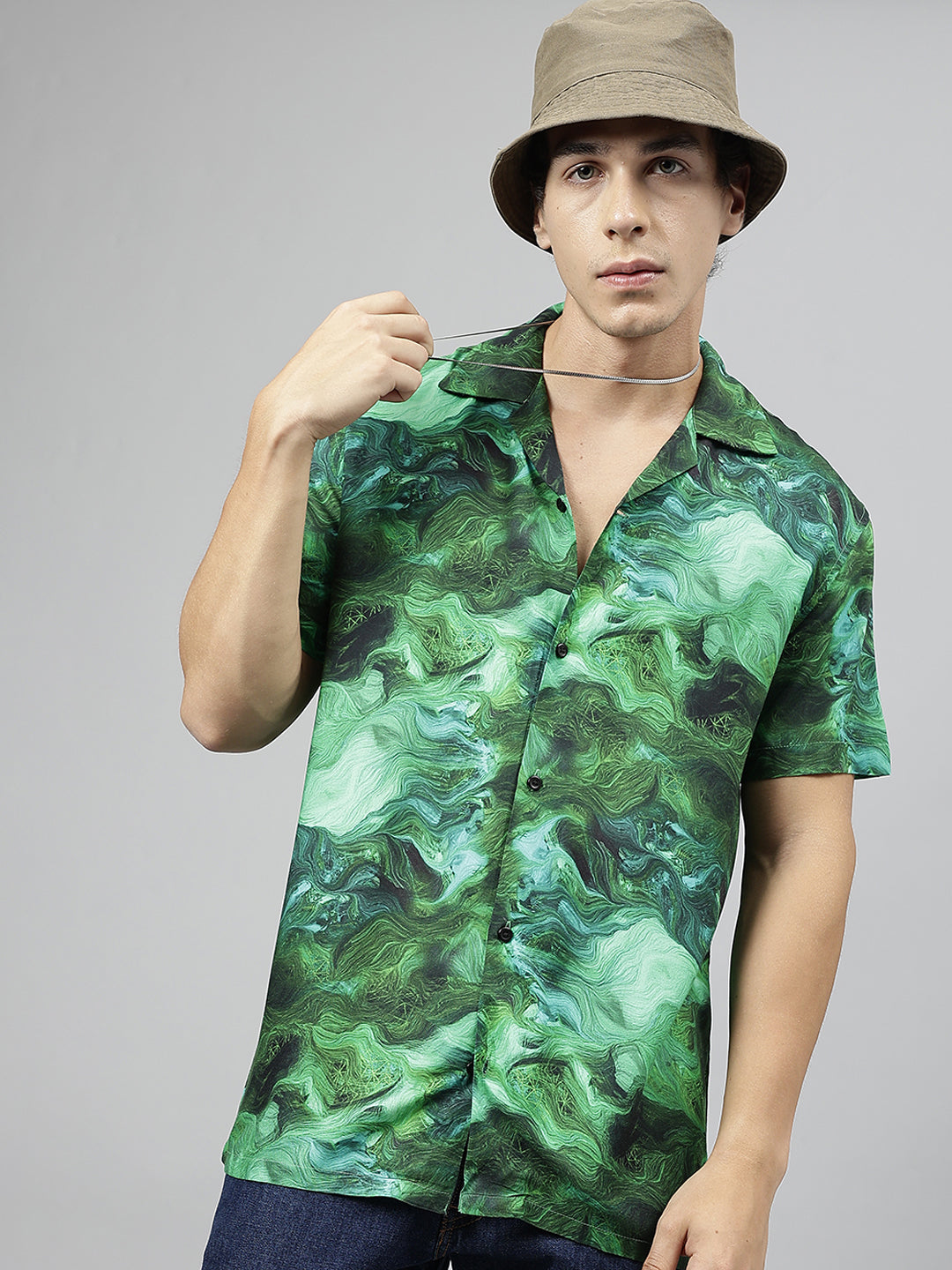 Men Green Abstract Printed Viscose Rayon Relaxed Fit Casual Resort Shirt