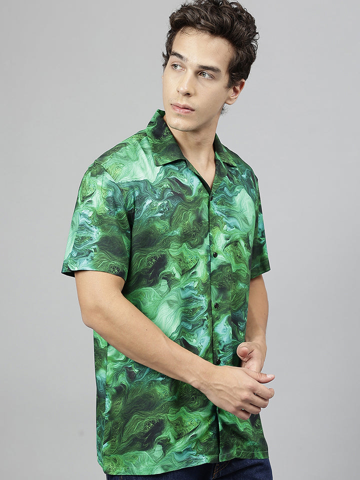 Men Green Abstract Printed Viscose Rayon Relaxed Fit Casual Resort Shirt