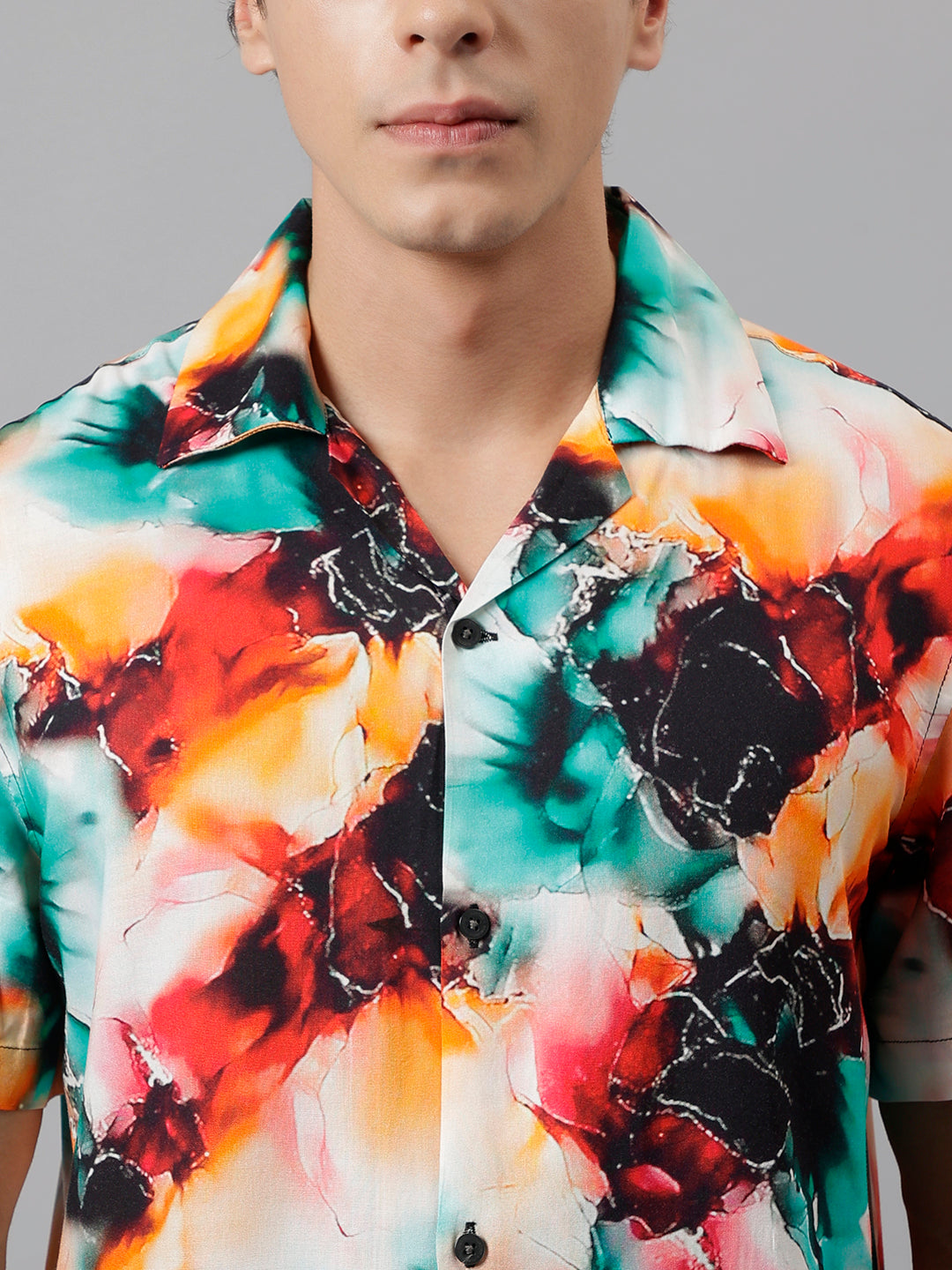 Men Green & Orange Abstract Printed Pure Cotton Cuban Collar Relaxed Fit Resort Shirt