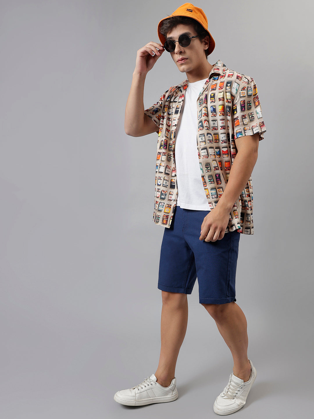 Men Beige & Multi Conversational Printed Viscose Rayon Cuban Collar Relaxed Fit Resort Shirt