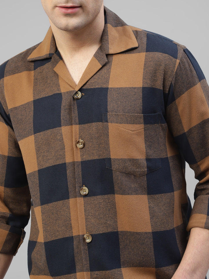 Men Mustard & Navy Blue Plaided & Flannel Checked Pure Cotton Regular Fit Casual Shacket