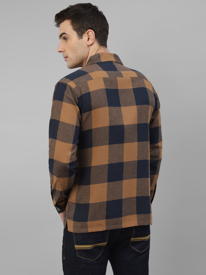 Men Mustard & Navy Blue Plaided & Flannel Checked Pure Cotton Regular Fit Casual Shacket