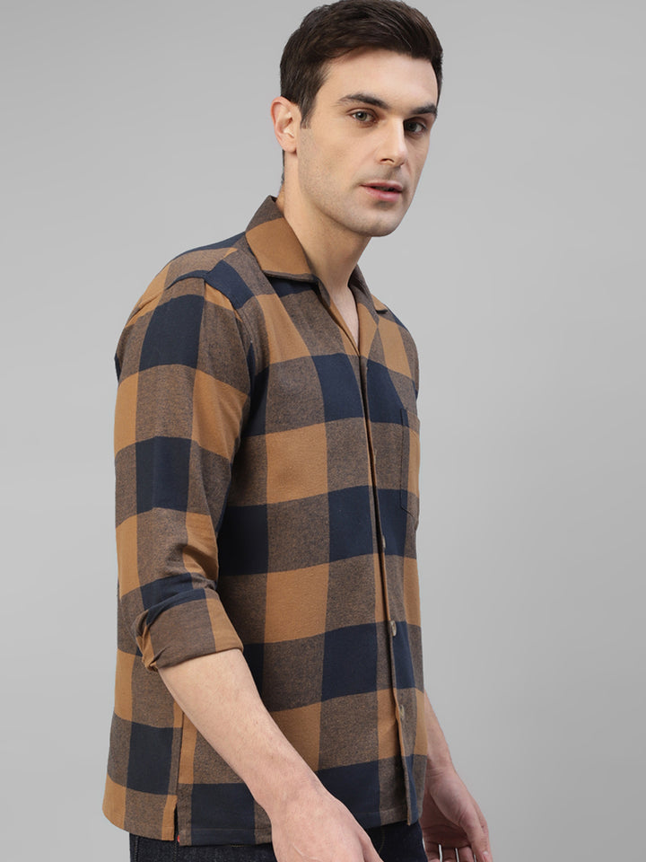 Men Mustard & Navy Blue Plaided & Flannel Checked Pure Cotton Regular Fit Casual Shacket