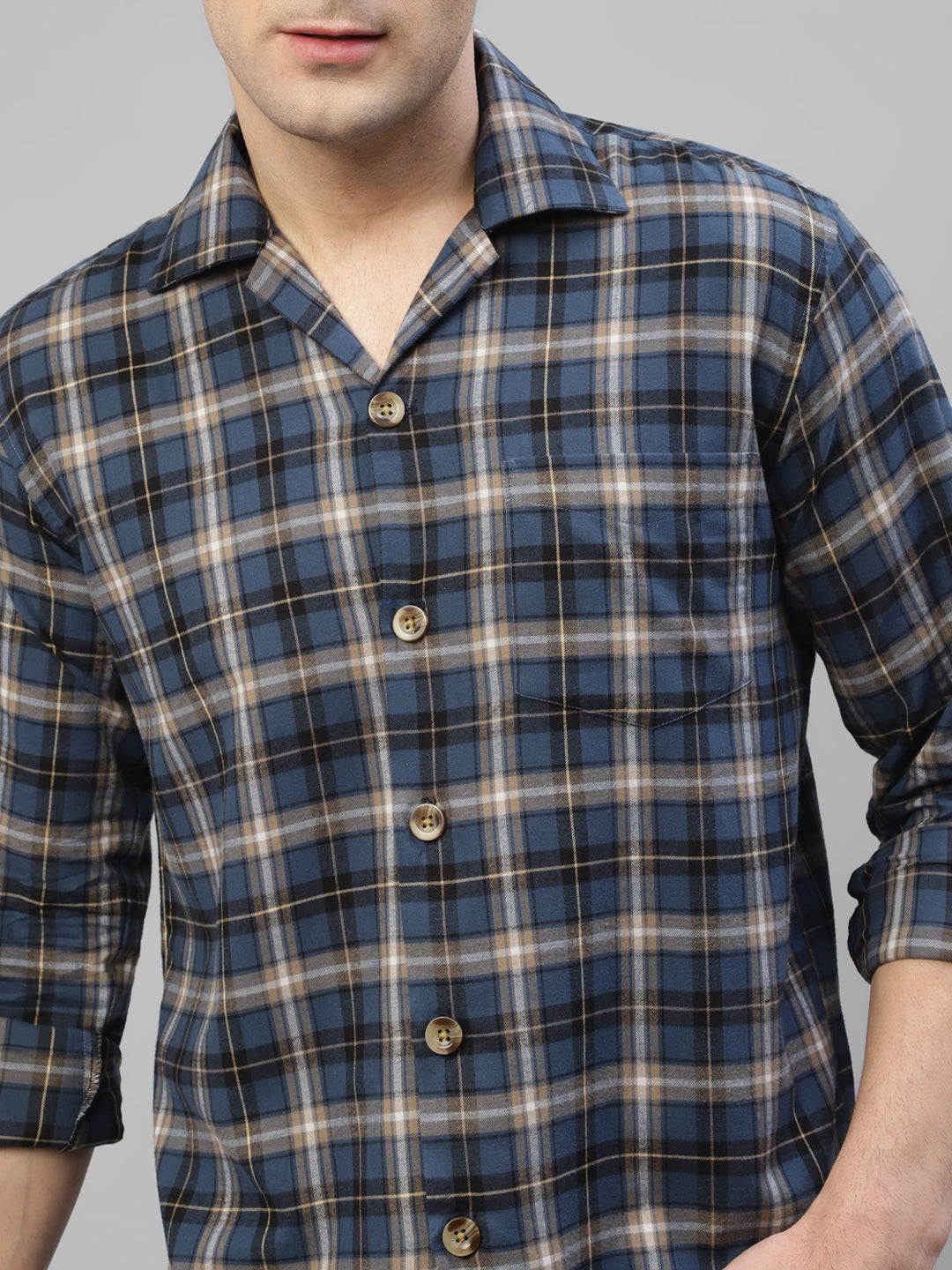 Men Blue Plaided & Flannel Checked Pure Cotton Regular Fit Casual Shacket