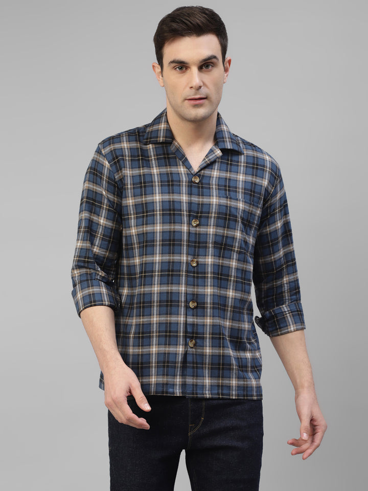 Men Blue Plaided & Flannel Checked Pure Cotton Regular Fit Casual Shacket