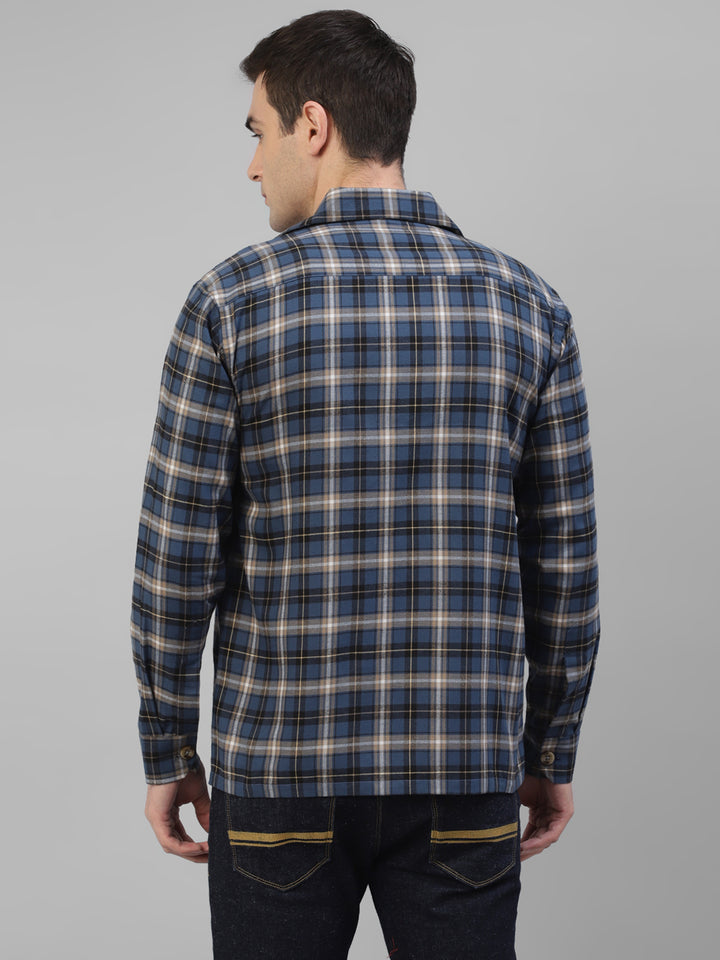 Men Blue Plaided & Flannel Checked Pure Cotton Regular Fit Casual Shacket