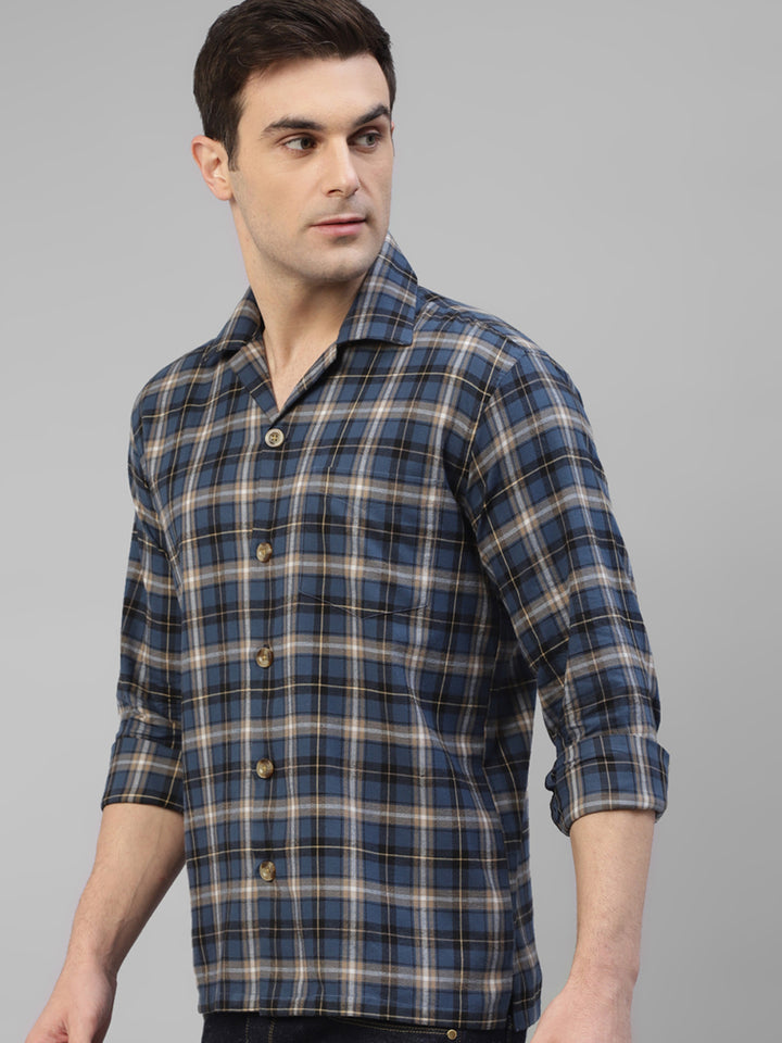 Men Blue Plaided & Flannel Checked Pure Cotton Regular Fit Casual Shacket