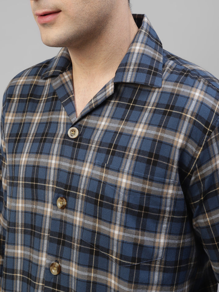 Men Blue Plaided & Flannel Checked Pure Cotton Regular Fit Casual Shacket