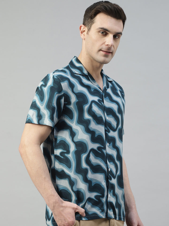 Men Blue & Navy Abstract Printed Relaxed Fit Casual Resort Shirt