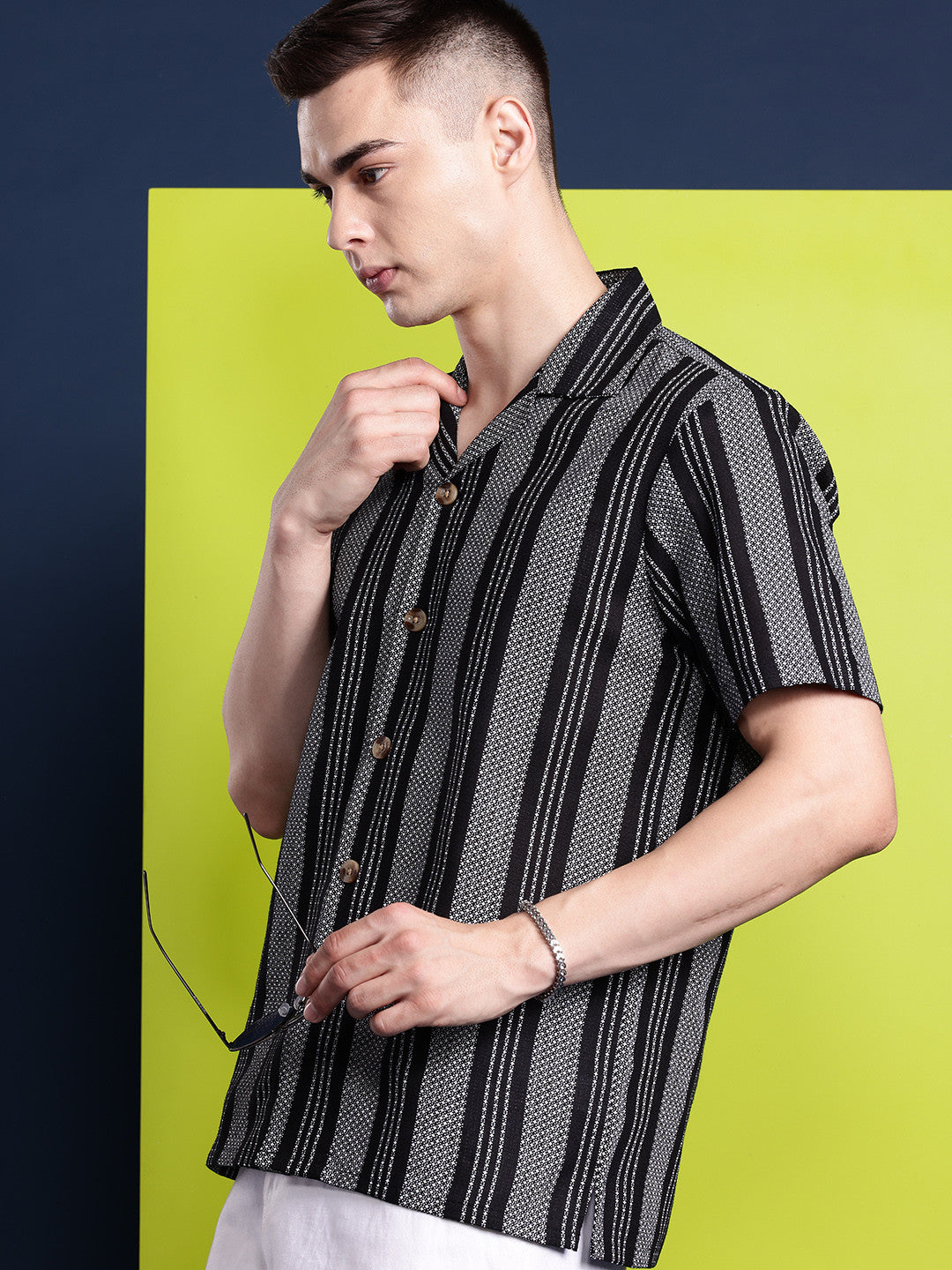Hancock Men Black & White Striped Pure Cotton Relaxed Fit Casual Shirt