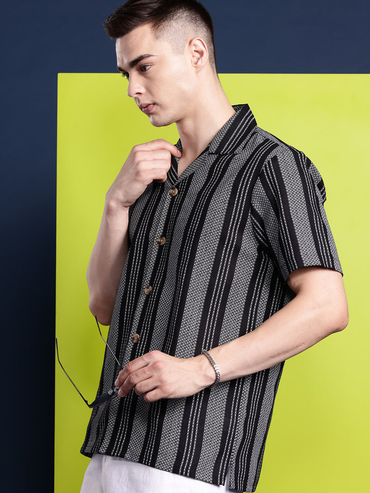 Hancock Men Black & White Striped Pure Cotton Relaxed Fit Casual Shirt