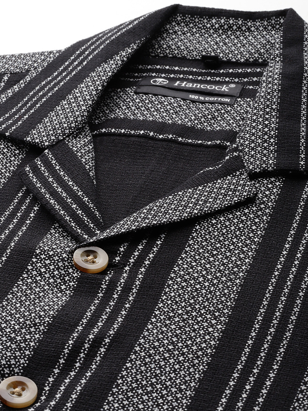 Hancock Men Black & White Striped Pure Cotton Relaxed Fit Casual Shirt