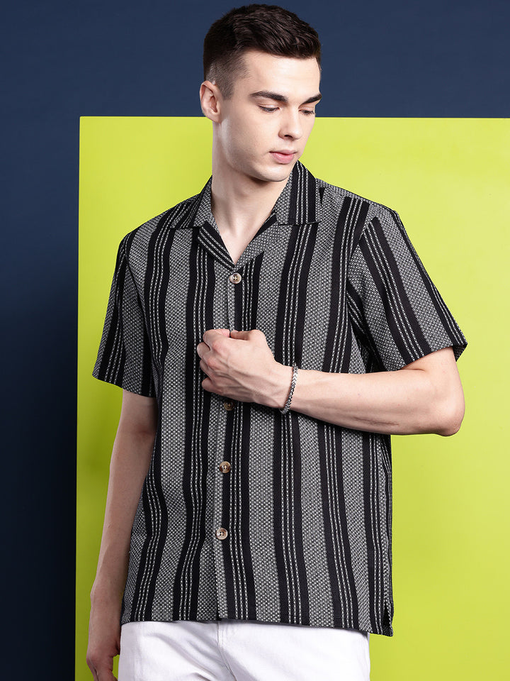 Hancock Men Black & White Striped Pure Cotton Relaxed Fit Casual Shirt