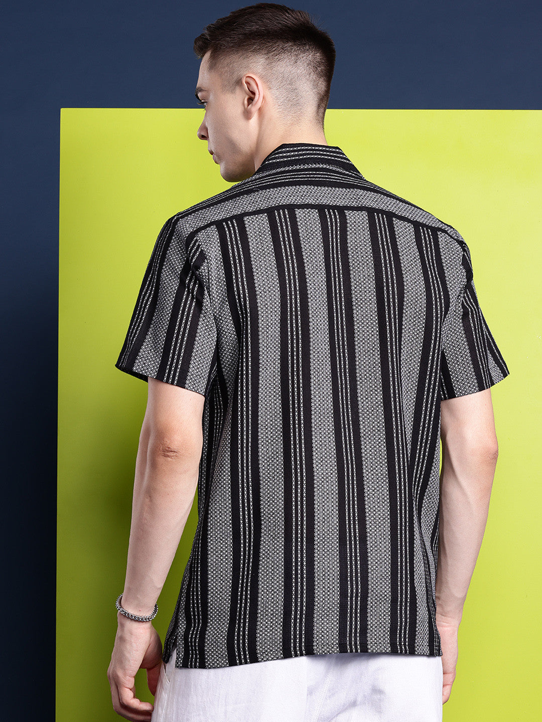 Hancock Men Black & White Striped Pure Cotton Relaxed Fit Casual Shirt