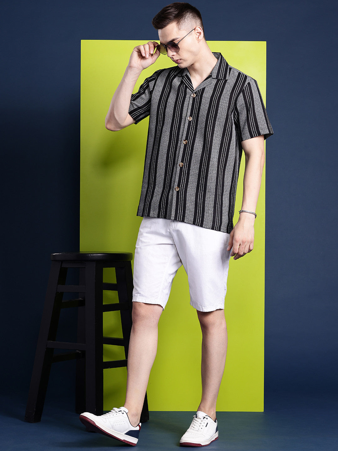 Hancock Men Black & White Striped Pure Cotton Relaxed Fit Casual Shirt