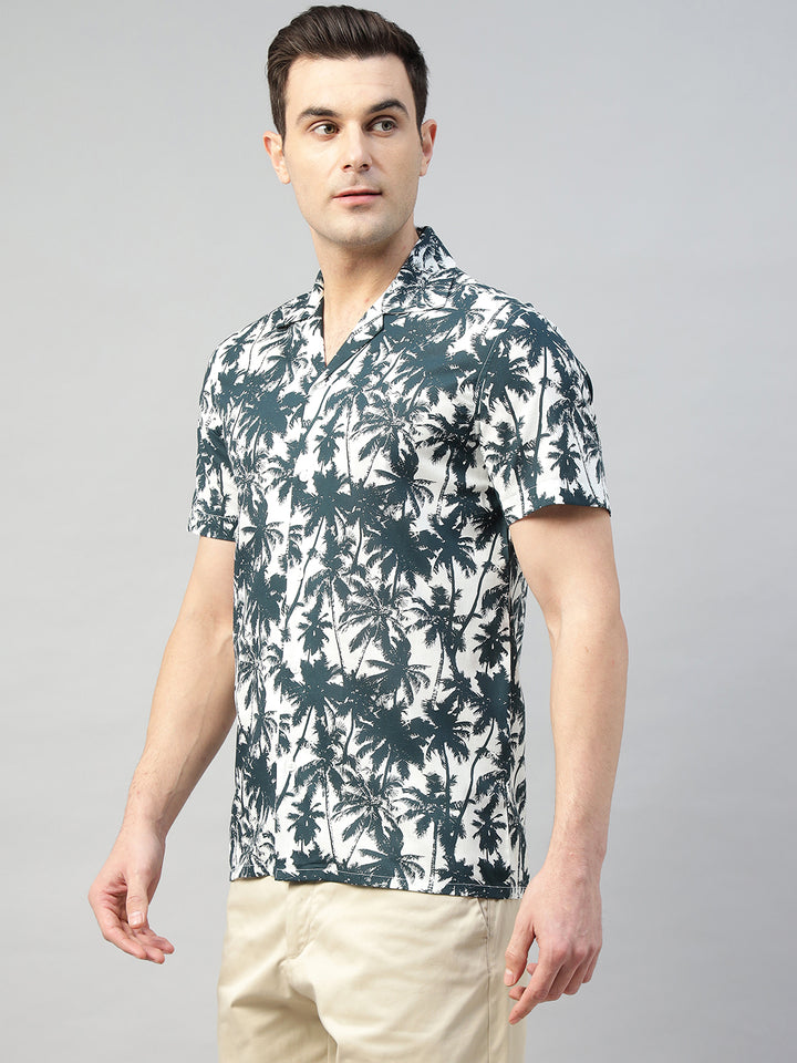 Men White & Navy Blue Print Pure Cotton Relaxed Fit Casual Resort Shirt