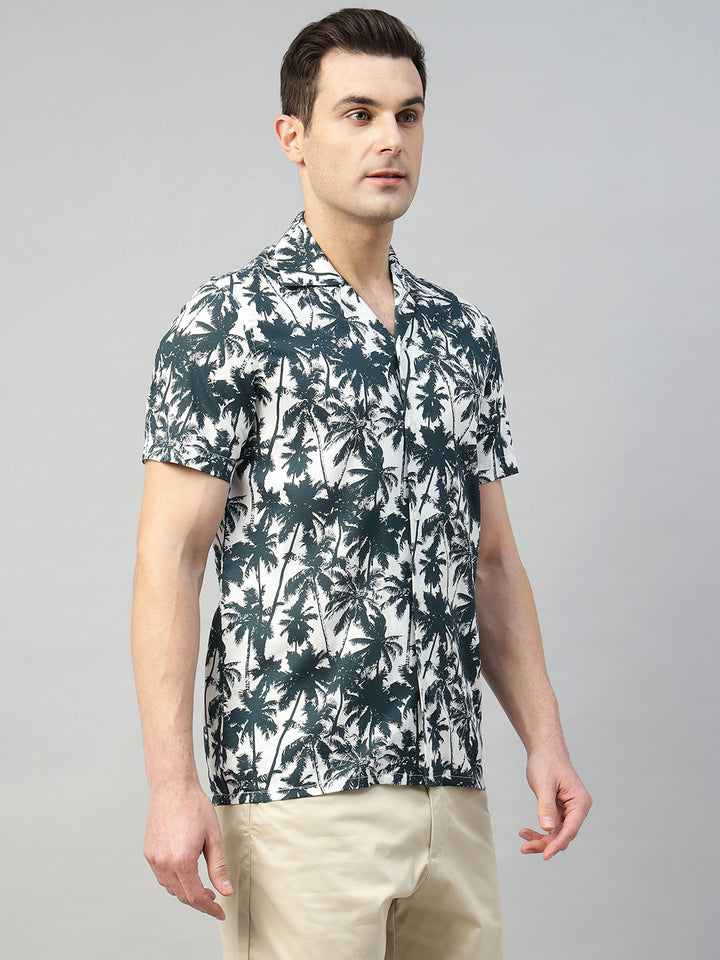 Men White & Navy Blue Print Pure Cotton Relaxed Fit Casual Resort Shirt