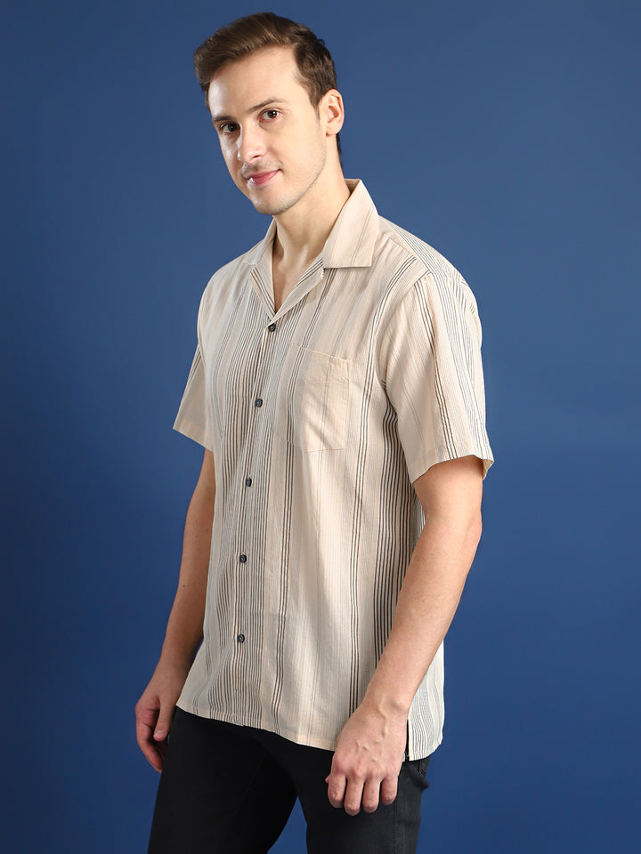 Men Beige Striped Cotton Relaxed Fit Casual Resort Shirt