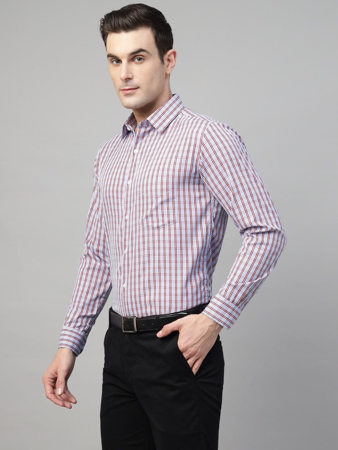 Men Blue & Red Check Cotton Slim Fit Formal Shirt
