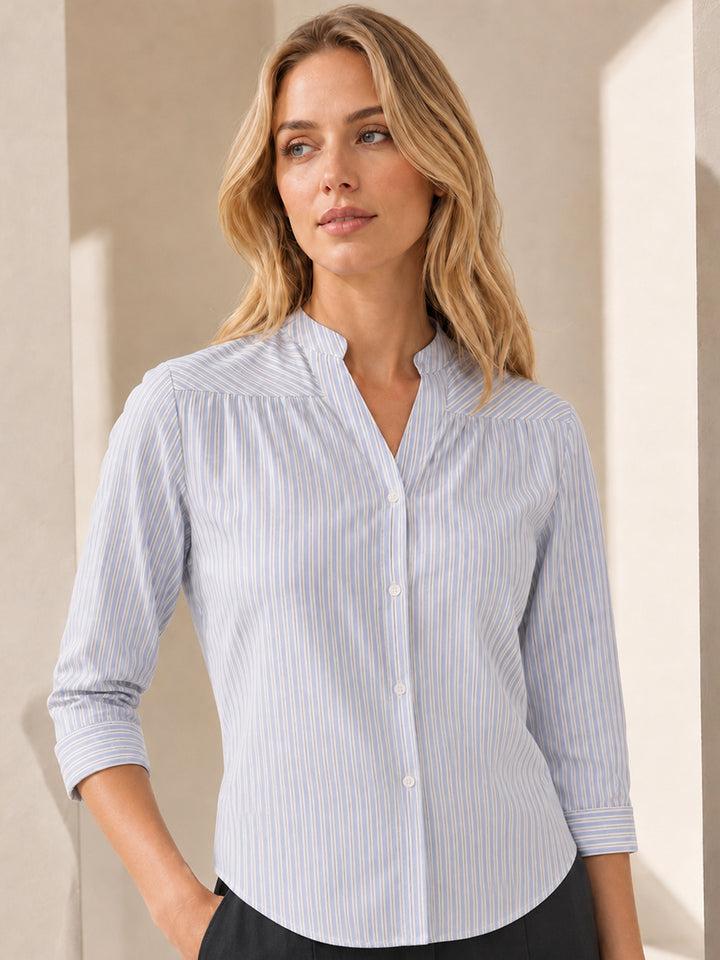 Hancock   Women   White & Blue   Stripes   Pure Cotton   Regular Fit   Formal   Shirt