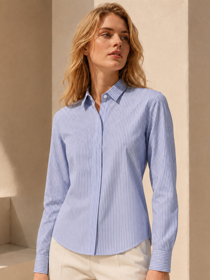 Hancock   Women   Blue & White   Stripes   Pure Cotton   Regular Fit   Formal   Shirt