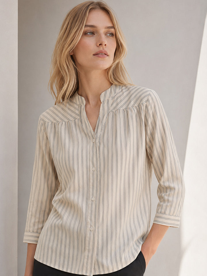 Hancock   Women   Beige & Black   Stripes   Cotton Elastane   Regular Fit   Formal   Shirt