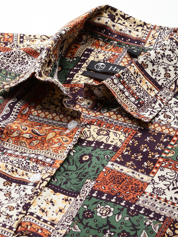 Women Beige & Olive Ethnic Print Pure Cotton Boyfriend Fit Casual Shirt