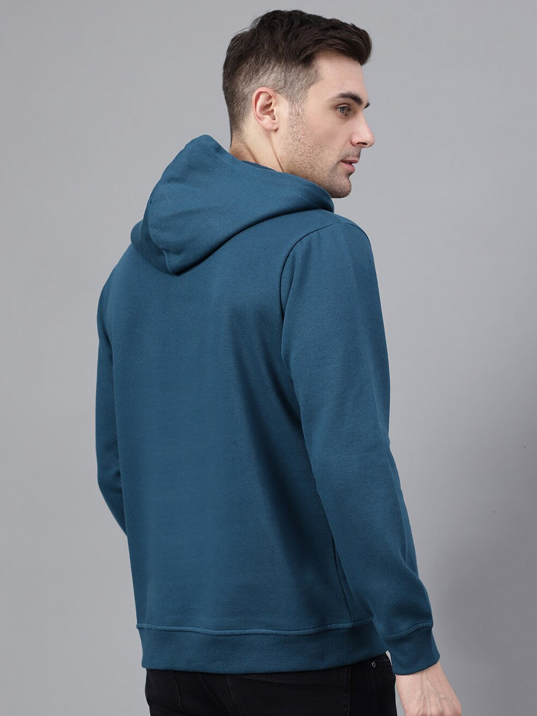 Men Turquoise Blue Solid Half Button Placket Long Sleeves Fleece Hooded Sweatshirt