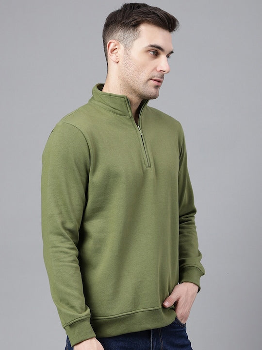 Men Olive Solid Half Zipper Long Sleeves Fleece Sweatshirt