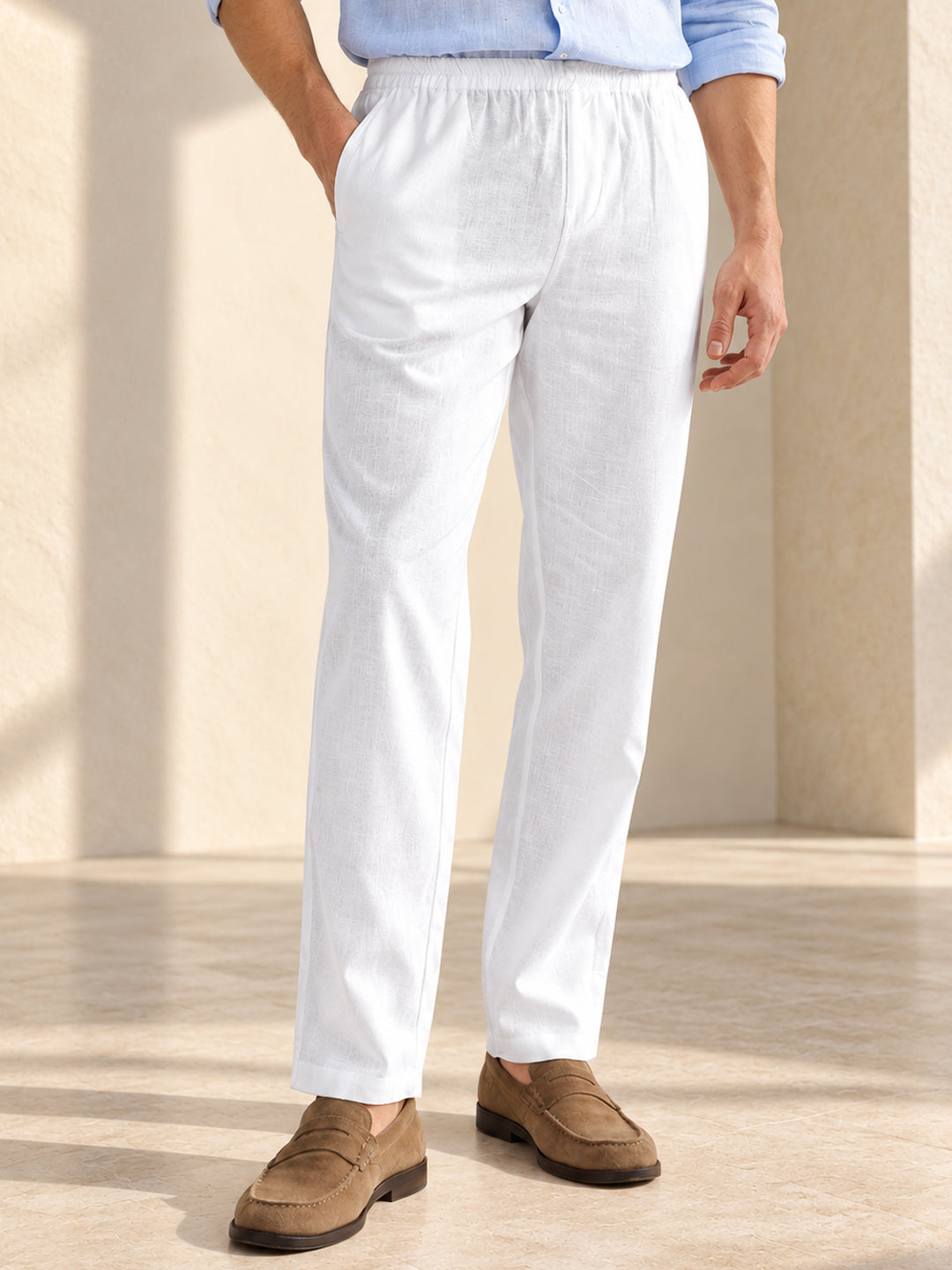 Hancock Men White Solid Mid-Rise Relaxed Fit Linen Trousers