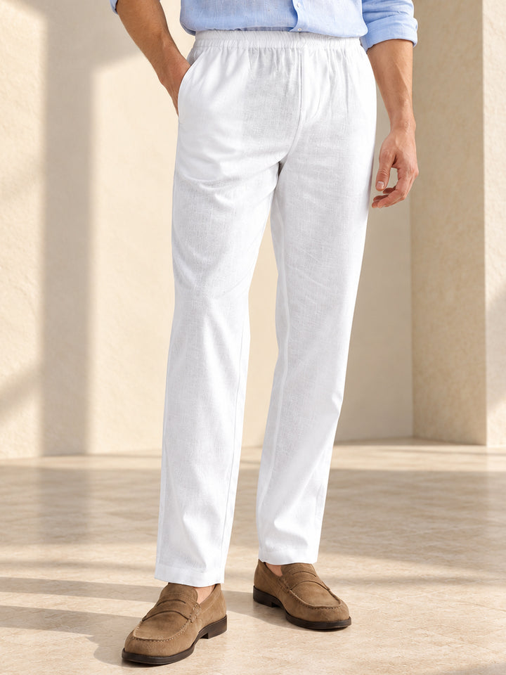 Hancock Men White Solid Mid-Rise Relaxed Fit Linen Trousers