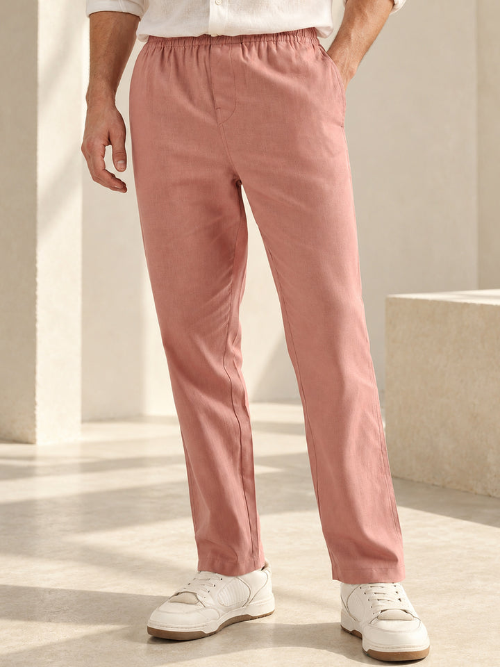 Hancock Men Dusty Pink Solid Mid-Rise Relaxed Fit Linen Trousers