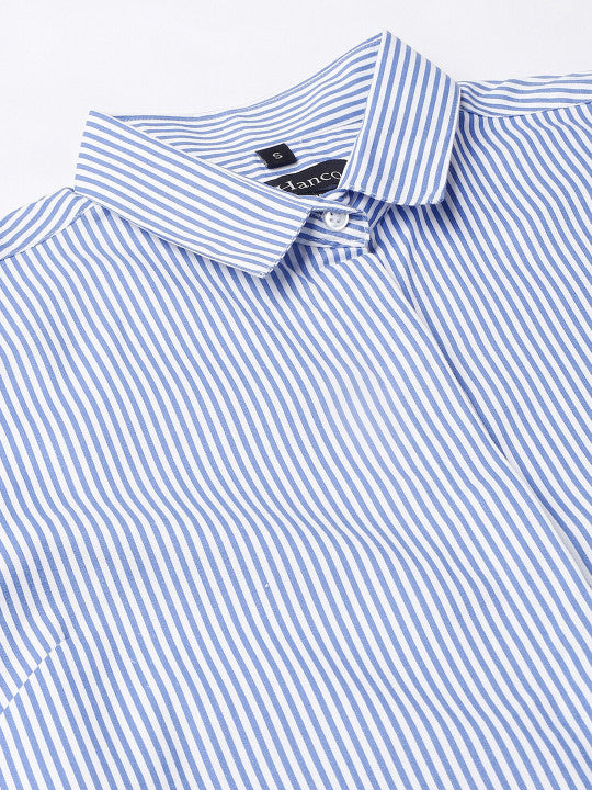Women White&Blue Stripes Pure Cotton Slim Fit Formal Shirt