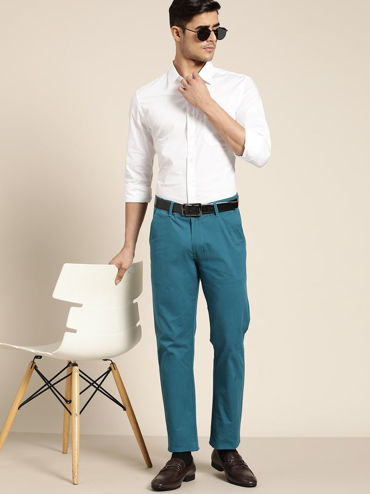 Men Turquoise Blue Solid Pure Cotton Slim Fit Formal Trouser