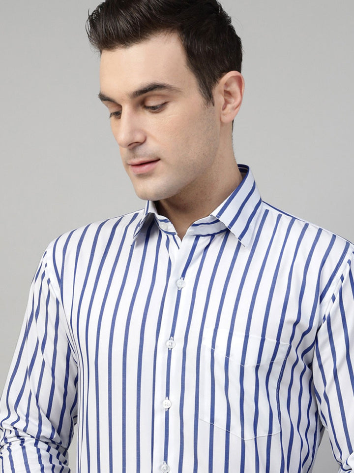 Men White & Blue Stripe Cotton Slim Fit Formal Shirt
