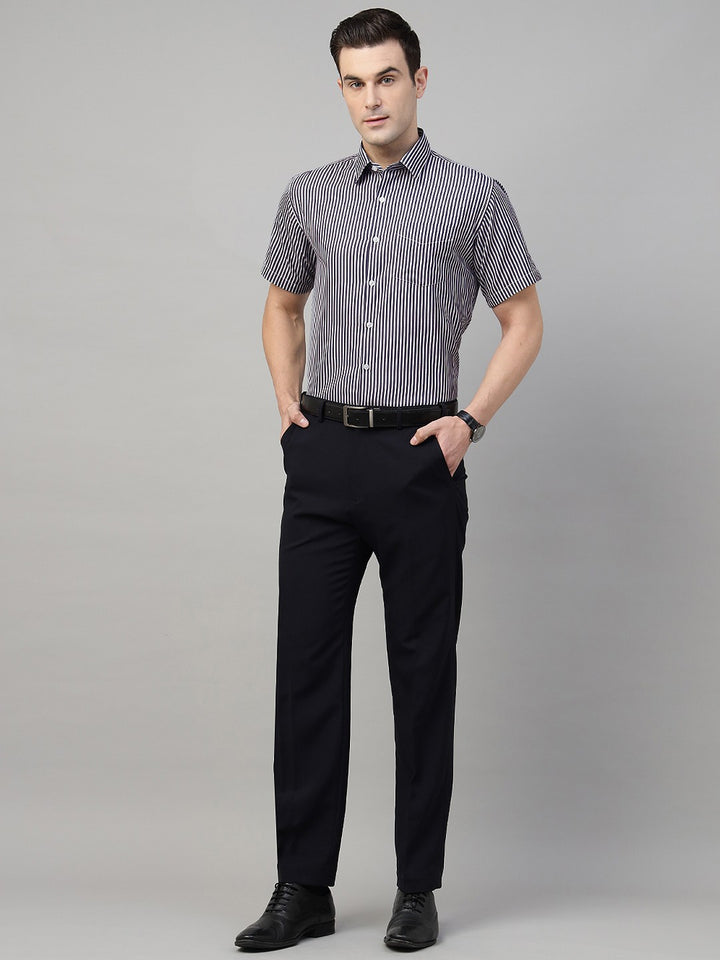 Men Navy & White Stripe Cotton Slim Fit Formal Shirt
